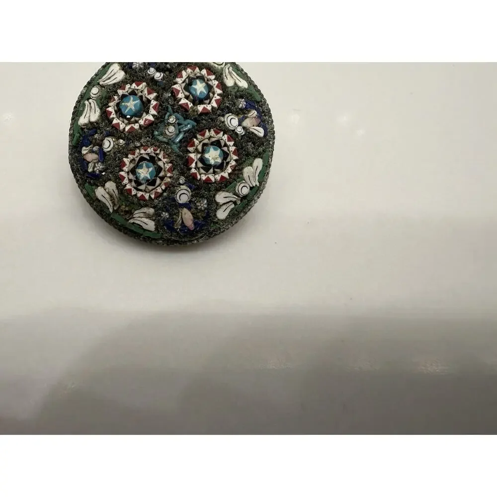 Antique Micro Mosaic Round Domed Brooch Floral Geometric Design Victorian Style
